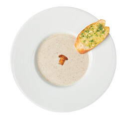 Png Bowl of tasty mushroom cream soup and bread on white background	