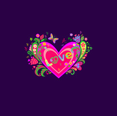 Fashion print on dark violet background for wedding and Valentine’s day design, t-shirt, hippy party poster with pink heart shape, daisy, tulip and flowers pattern