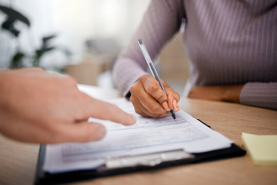 Healthcare, Documents And Writing With A Patient Hand Using A Pen In A Doctor Office For Insurance Information. Hospital, Paper Or Contract With A Black Woman Signing A Form During Medical Consulting