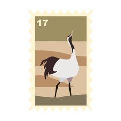 Post stamp with Crane stork singing a spring song cartoon illustration. Beautiful cute postage stamp on nature theme for envelopes. Mail, post office concept