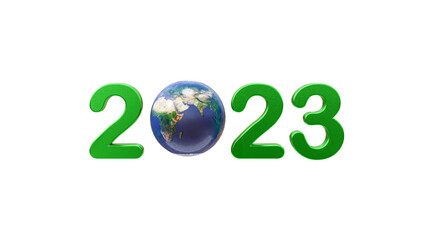 2023 new year 3d rendering of 2023 green 3d text with earth sphere ball on white background, PNG transparent