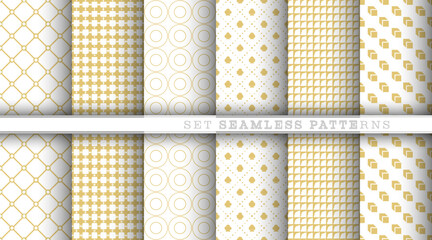 A set of seamless gold geometric and abstract patterns on a white background. An ornament for creating covers, banners, posters, texture prints and creative design