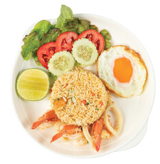 Png Fried Rice with Seafood and Fried Egg put on a white plate