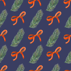 Pattern with red bows and green branches of a Christmas tree, on a blue background, watercolor illustration.