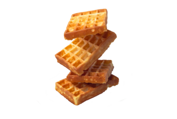 Pile of four waffles flying on a trasparent background