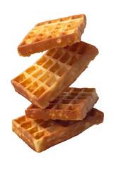 Pile of four waffles flying on a trasparent background, vertical ratio