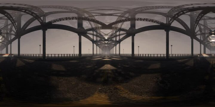 A 360VR experience of moving slowly along the broken road of an old and rusty steel-structured truss and girder bridge.