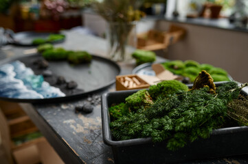 Closeup creative art workspace selective focus