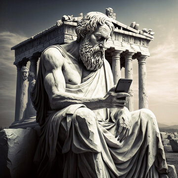 Fantasy of futuristic past: ancient Greek statue with cellphone and a white marble temple in background. Content not based on real persons, made with generative A and human post- processing
