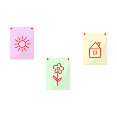 Collection of school drawings on classroom wall for art school drawing lessons. Furniture for study room in kindergarten or elementary school on white background