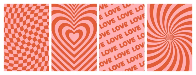 Fotobehang Vintage Poster Groovy lovely backgrounds. Love concept. Happy Valentines day greeting card. Funky pattern and texture in trendy retro 60s 70s cartoon style. Vector illustration in pink red colors.  © Martyshova