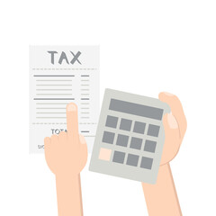 hand holding calc counting tax paper and pen