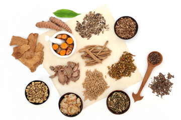 Nervine food collection herbal plant medicine for relaxing the nervous system. Healthy natural alternative health care plant medicine. On white background.