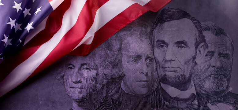 Happy Presidents Day Concept with the US national Flag against a collage American Presidents portraits cut of Dollar bills.