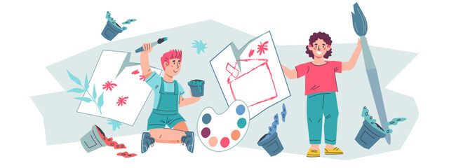 Children crafts and early development education through art. Art therapy classes and creative education, flat vector illustration isolated on white background.