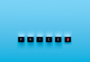 Price level symbol. A wooden cube with up icon. Wooden block with the concept word Price. Business and price level concept