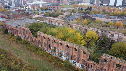 Obraz premium Great Northern Railway Warehouse Nottingham UK abandoned derelict building Aerial drone view