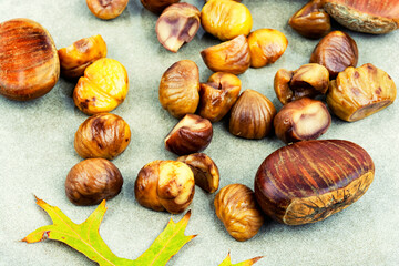 Roasted peeled chestnuts, close up