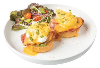 Png Eggs benedict with bacon on white plate.