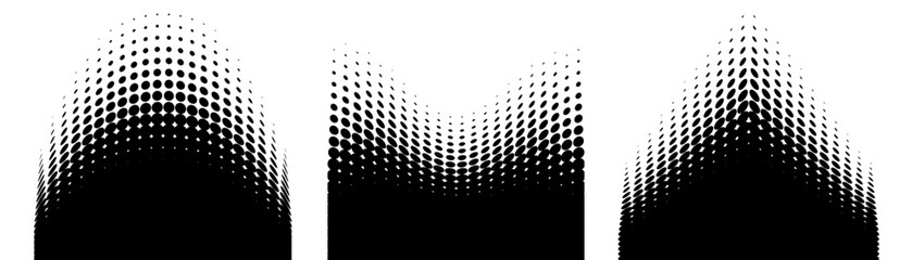 Set of halftone dots curved gradient pattern texture background. Curve dotted spots using halftone circle dot raster texture. Vector emblem. Logo half tone collection. Sale banners.