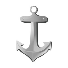 Heavy metal anchor cartoon illustration. Boardwalk or wharf for fishing, tools for sailors, stone in lake and wood barrel. Summer beach concept