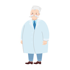 Scientist character standing and smiling. Cartoon vector illustration of funny old professor or doctor in uniform. Chemistry concept