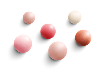 Blush balls, foundation, powder balls, meteorites. Vector colorful realistic 3d balls with shadow. Round sphere in pearls pastel, pink and beige colors isolated on white background.