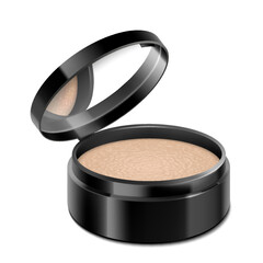 Compact powder in round black case with mirror. Cushion face foundation case. 3d vector realistic cosmetics isolated on white background. Mockup for branding and ads. Side view on opened plastic box.