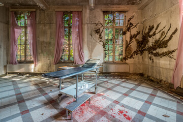 A creepy abandoned psychiatry. A sickbed with blood, Ivy grows in to the window.