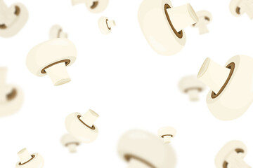 Mushrooms background. Flying or falling fresh mushrooms isolated on transparent background. Can be used for advertising, packaging, banner, poster, print. Flat design. Vector illustration