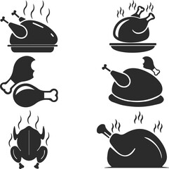 Chickens cooked icon set, chicken grill icon set black vector