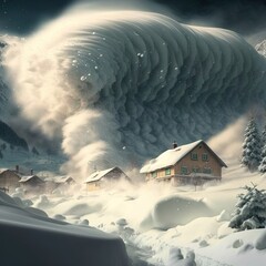 illustration huge snow avalanche rolls towards village made with generative ai