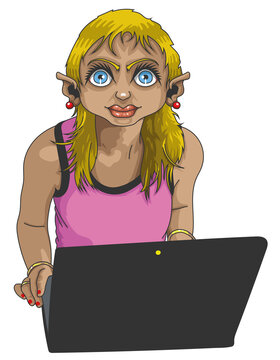Jeune fille blonde devant un ordinateur portable