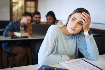 Stress, education and study with woman in classroom for exhausted, mental health and anxiety in...