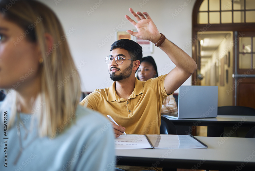 Poster university student, hands and answer question in classroom for teaching, school education or learnin