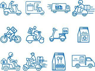 Fototapeta na wymiar Food delivery icon set, delivery vehicles icon set blue vector
