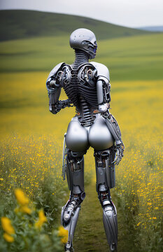Femme robot andro&iuml;de perdue dans un champs de fleurs. Generative AI.