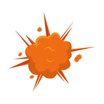 Comic cartoon illustration. Explosion, bang, weapon concept. Orange gun flash on white background. Pop art illustration