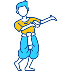 thai man in traditional clothes splashing water and play songkran festival line icon two tone colored