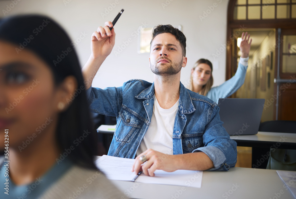 Poster students question, hand raise and classroom for learning, education or college with notebook on desk