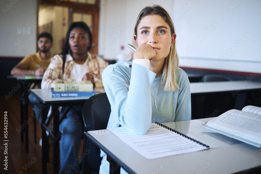Poster University woman, education class and lecture listening with a student ready to take notes for exam. Learning, studying and classroom working of students in college hearing school test information