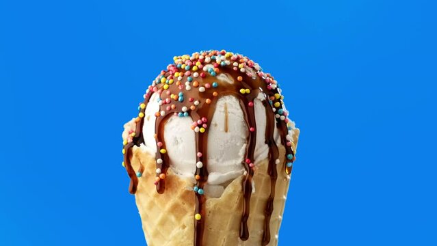 Ice cream of different colors changing at blue background. Stop motion of ice cream. Sweet desserts. Food concept. Various colorful ice cream. 4K, UHD