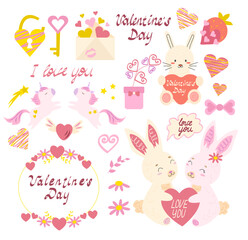Obraz na płótnie Canvas Valentine day set cute rabbit, lettering, unicorn, star, flower, wreath and hearts. Perfect for scrapbooking, greeting card, party invitation, poster, tag, sticker kit. 