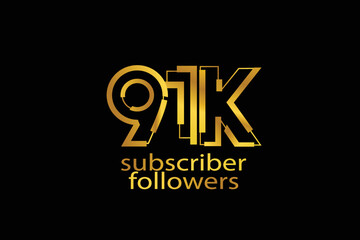 91K, 91.000 subscribers or followers blocks style with gold color on black background for social media and internet-vector