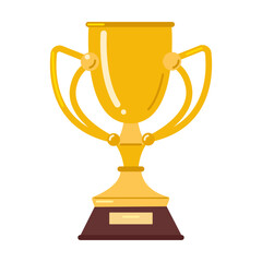 Gold trophy cup. Vector illustration of prize for winner. Cartoon golden goblet for award ceremony isolated on white. Victory, celebration concept