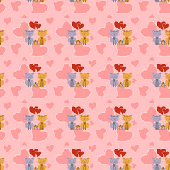Seamless pattern with cats and hearts on pink  background