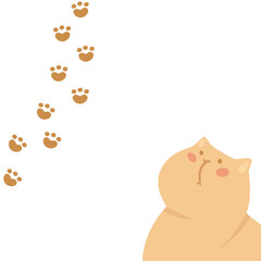 Cute cat character and brown paw prints vector illustration. Cartoon drawing of comic kitten and paw marks for website design or filter isolated on white background. Pets or domestic animals concept