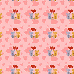 Seamless pattern with cats and hearts on pink  background vector