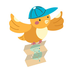 Little bird in baseball cap with traveler map cartoon vector illustration. Animal with tourist accessories. Travel and adventure concept