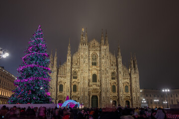 Illuminated Christmas tree in Piazza Duomo in Milan